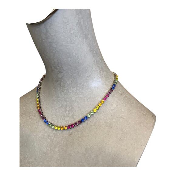 Amina Muaddi Vibrant Color Crystal Silvertone Plated Dazzling Tennis Necklace - Picture 3 of 8